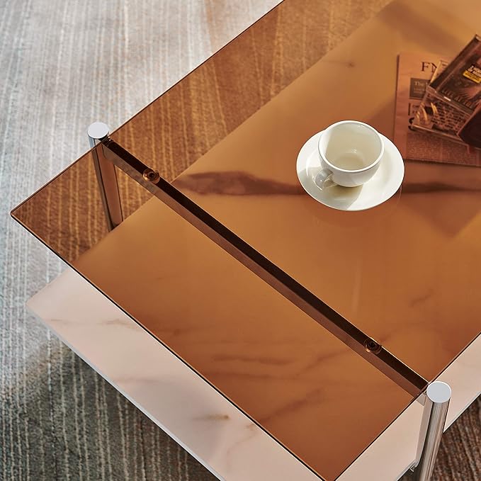 AGV LIGHTING Tadio Glass Coffee Table, Mid-Century Modern Coffee Table for Living Room, Chrome Finish Leg, Coffee Brown Glass Top & Faux Marble Wood Shelf, 41 in