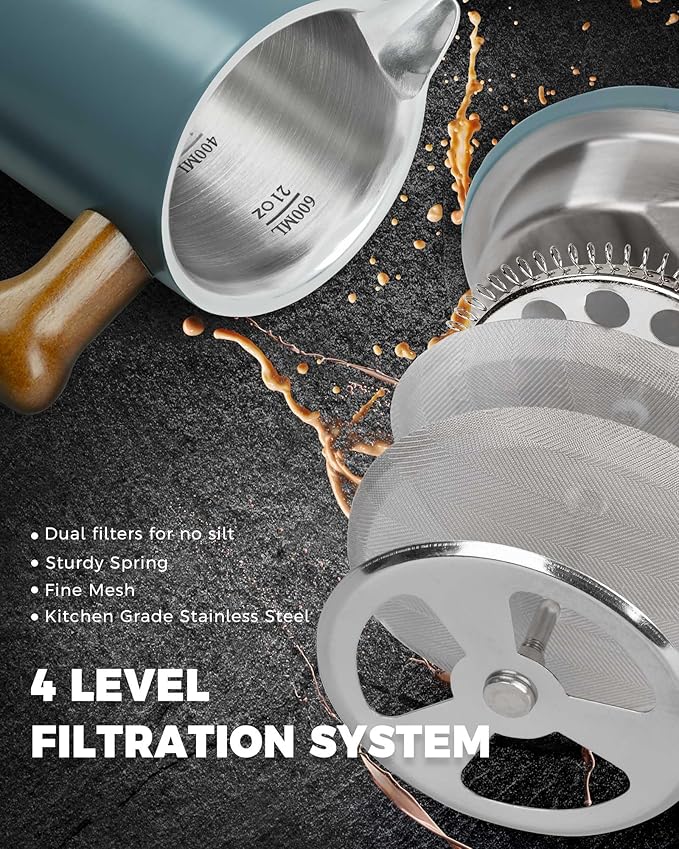 POLIVIAR French Press Coffee Maker, 21 oz Coffee Press with Real Wood Handle, Double Wall Insulation & Dual-Filter Screen, Food Grade Stainless Steel for Good Coffe and Tea, JX2024-SFPU