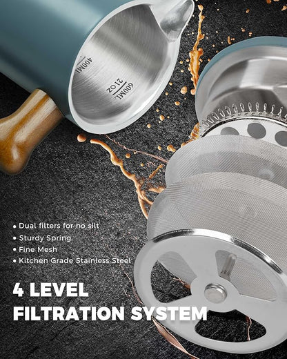 POLIVIAR French Press Coffee Maker, 21 oz Coffee Press with Real Wood Handle, Double Wall Insulation & Dual-Filter Screen, Food Grade Stainless Steel for Good Coffe and Tea, JX2024-SFPU