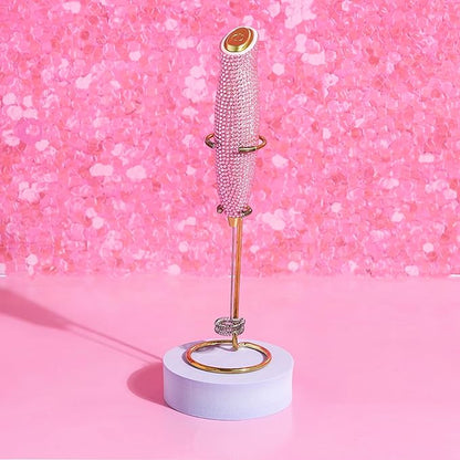 Paris Hilton Electric Rhinestone Handheld Milk Frother with Double Coil Head Whisk and Gold Metal Stand, Battery Powered (2 AA Batteries Required but Not Included), Pink