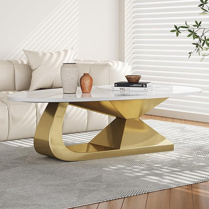 Marble Grain Coffee Table with Gold Stainless Steel Pedestal,Modern Coffee Tables,Oval Living Room Table with Faux Marble Top & Luxury Legs,Sintered Stone Cocktail Center Table,51.20inch