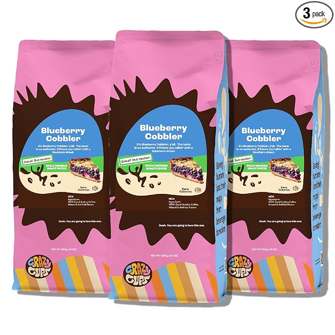 Crazy Cups Flavored Ground Decaf Blueberry Coffee, Decaffeinated Blueberry Cobbler Coffee in 10 oz Bag, For Brewing Flavored Hot or Iced Coffee, (Pack of 3)