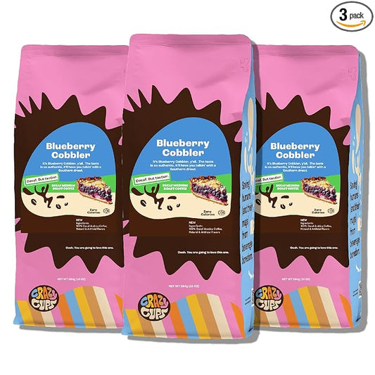 Crazy Cups Flavored Ground Decaf Blueberry Coffee, Decaffeinated Blueberry Cobbler Coffee in 10 oz Bag, For Brewing Flavored Hot or Iced Coffee, (Pack of 3)