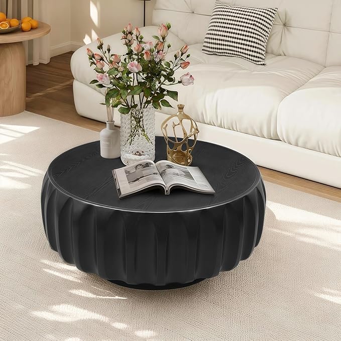 31.5" Drum Coffee Table Modern Round Coffee Table Wood Fluted Centry Table with Solid Wood Veneer for Living Room, Easy Assemble, Black