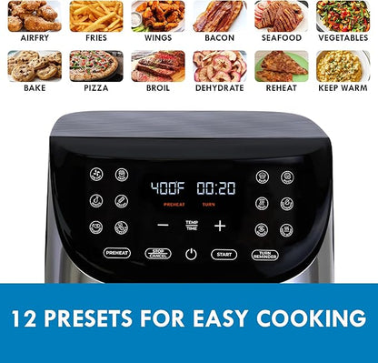 Kenmore 8 Quart Air Fryer - Aerogrill, Non-Stick Frying Basket, French Fry, Digital Touch Screen, 12 Presets, Freidora Eléctrica, Countertop Cooking Kitchen Appliance, Stainless Steel, Black