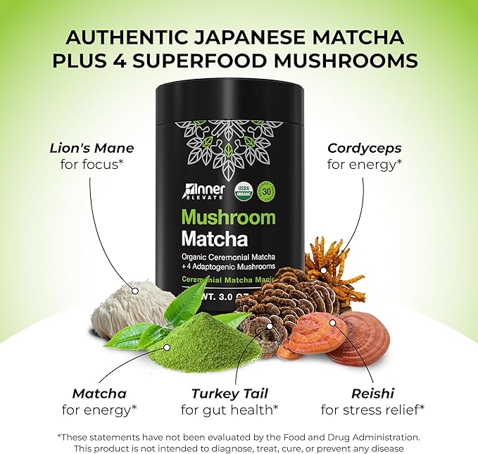 Inner Elevate Mushroom Matcha - Organic, Ceremonial-Grade Matcha Powder with 4 Superfood Mushrooms - Adaptogenic Mushroom Tea Drink with Lion's Mane, Cordyceps, Turkey Tail, Reishi (30 Servings)