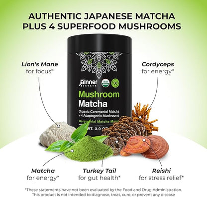 Inner Elevate Mushroom Matcha - Organic, Ceremonial-Grade Matcha Powder with 4 Superfood Mushrooms - Adaptogenic Mushroom Tea Drink with Lion's Mane, Cordyceps, Turkey Tail, Reishi (30 Servings)