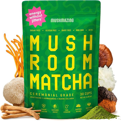 Mushroom Matcha + Lions Mane, Ashwagandha, Collagen – Clean Energy & Focus – Ceremonial Grade Macha Green Tea with 5 Mushrooms Powder – 30 Servings