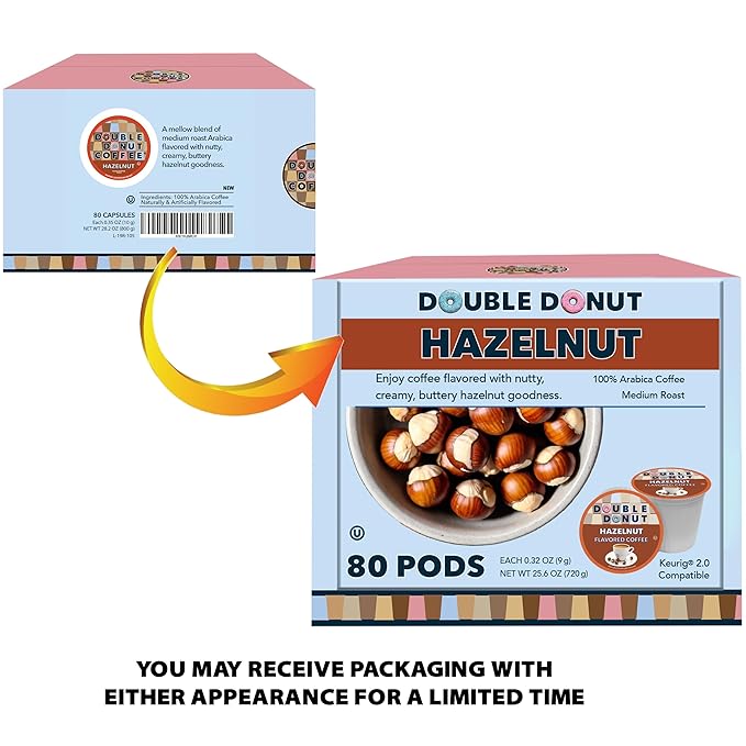 Double Donut Flavored Coffee Pods, Caffeinated Hazelnut Coffee Pods for Keurig K Cups Machines, Medium Roast, 80 Count (Pack of 1)