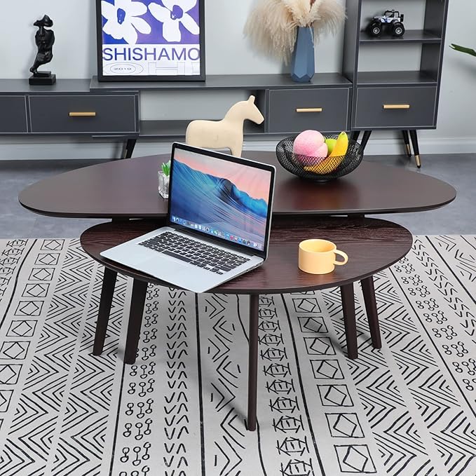 FIRMINANA Mid Century Modern Coffee Table,Large Oval Small Mangotop Coffee Table for Small Spaces, Espresso-47.3" W x23.63 D x 17.72" H