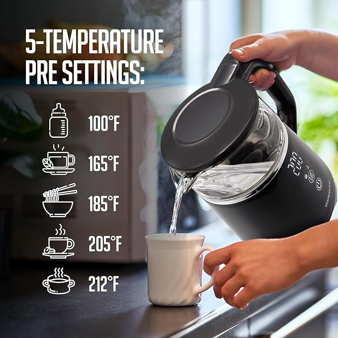OVENTE Electric Kettle with 5 Temperature Control Presets, LED Digital Display, 5Hr Keep Warm Function, Auto Shut-Off and Boil Dry Protection, 1500W BPA Free Glass Water Heater and Boiler, Black KD95B