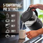 Load image into Gallery viewer, OVENTE Electric Kettle with 5 Temperature Control Presets, LED Digital Display, 5Hr Keep Warm Function, Auto Shut-Off and Boil Dry Protection, 1500W BPA Free Glass Water Heater and Boiler, Black KD95B