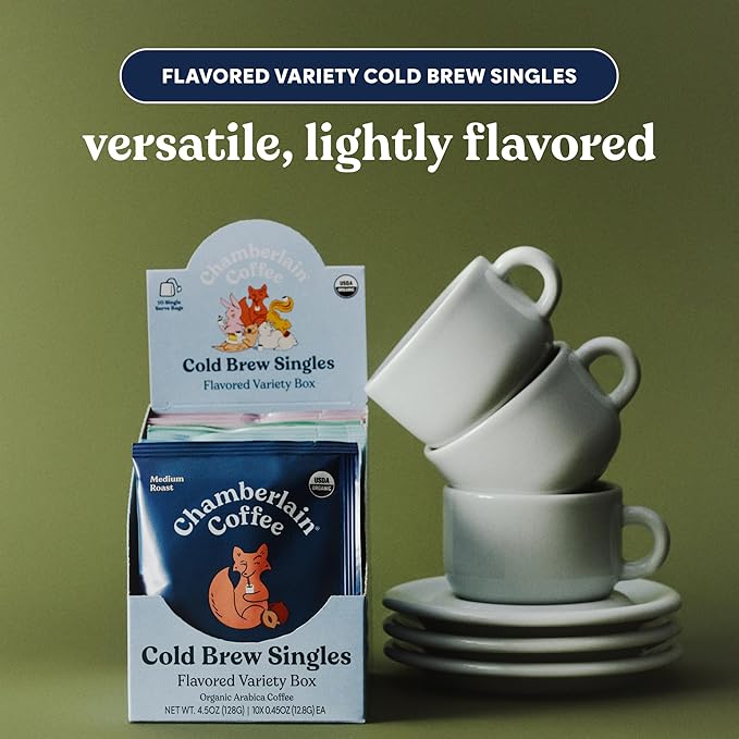Chamberlain Coffee Flavored Cold Brew Singles Variety Pack – Brew Hot or Iced - Organic Coffee Single Serve Bags - 10 Cold Brew Sachets