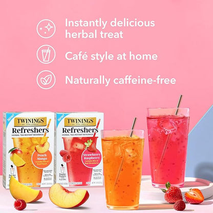NEW Twinings Strawberry Raspberry Refreshers, Herbal Tea Instant Beverage with Real Strawberry Fruit Bits, 5 Count (Pack of 1), Café Style, No Artificial Sweeteners, Naturally Caffeine-Free, 5 Packets