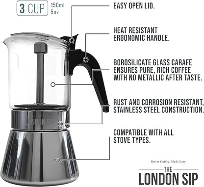 London Sip Glass and Stainless Steel Stovetop Espresso Maker Moka Pot Italian Coffee Percolator, Glass, Small (5.07 oz)