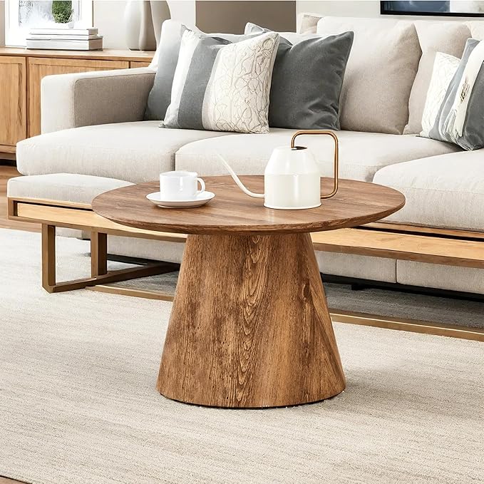 Wood Coffee Table, 25.6" Small Coffee Table, Natural Wood Grain Round Tabletop with Wooden Cone Base, Round Living Room Table with Adjustable Feet, Mid Century Center Table for Apartment,Small Space