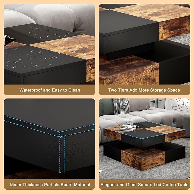 LED Coffee Table for Living Room, Living Room Table 2-Tier Square Middle Center, Modern Coffee Tables with Storage, Contemporary Wood Tea Table for Dining Reception, Rustic Brown