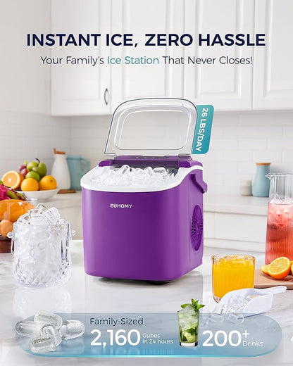 EUHOMY Countertop Ice Maker Machine with Handle, 26lbs Per Day, 9 Ice Cubes Ready in 6 Mins, Auto-Cleaning Portable Ice Maker with Basket and Scoop, for Home/Kitchen/Camping/RV (Purple)