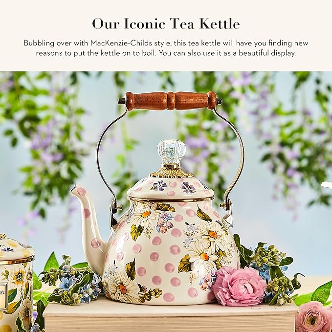 MACKENZIE-CHILDS Enamel Tea Kettle, Cute Kitchen Kettle for Stovetop, 2-Quart Capacity, Pink Wildflowers