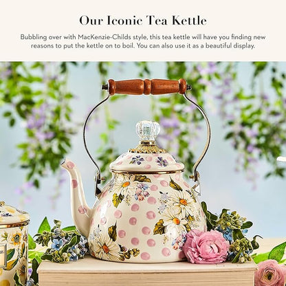 MACKENZIE-CHILDS Enamel Tea Kettle, Cute Kitchen Kettle for Stovetop, 2-Quart Capacity, Pink Wildflowers