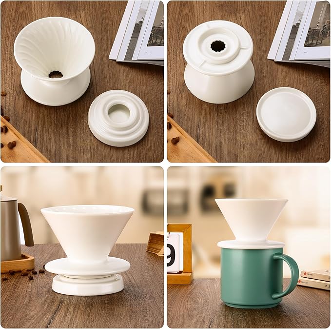 Pour Over Coffee Maker, Ceramic Coffee dripper with 100 pcs V60 Paper Filter, Ceramic coffee Server with Lid, 15.5oz/450 ml, Suitable for 1-2 people (White A)