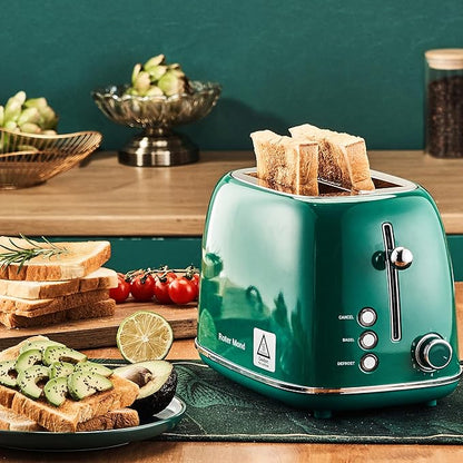 Roter Mond 2 Slice Toaster Retro Stainless Steel with Bagel, Cancel, and Defrost Functions, 6 Bread Shade Settings, Extra Wide Slots and Removable Crumb Tray, Green