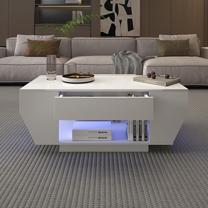 42" White Modern Coffee Table for Living Room, High Glossy Wooden Living Room Table with Storage, Led Rectangular Coffee Tables with 2 Drawers, Wood Center Table for Reception Dinning Room