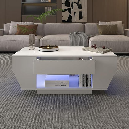 42" White Modern Coffee Table for Living Room, High Glossy Wooden Living Room Table with Storage, Led Rectangular Coffee Tables with 2 Drawers, Wood Center Table for Reception Dinning Room