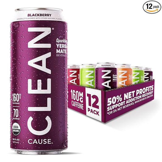 CLEAN Cause Low Calorie Variety Pack Yerba Mate Tea Sparkling, USDA Organic Energy Drink Alternative, Low Sugar, 160mg Natural Caffeine, Soda Alternative, Plant-Based (16oz cans, 12-Pack Case)