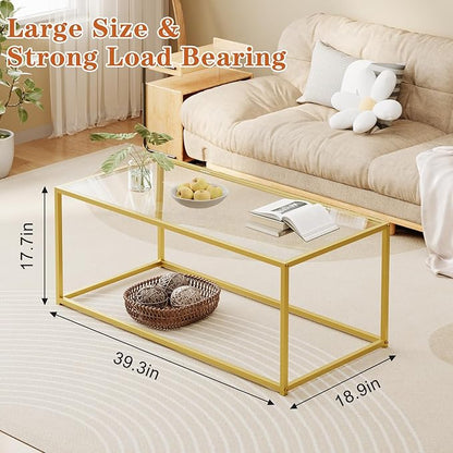 Glass Coffee Table for Living Room, Morden Center Table for Small Space,Simple Tea Cocktail Coffee Table with Clear Glass Top & Metal Frame, Easy Assembly,Gold