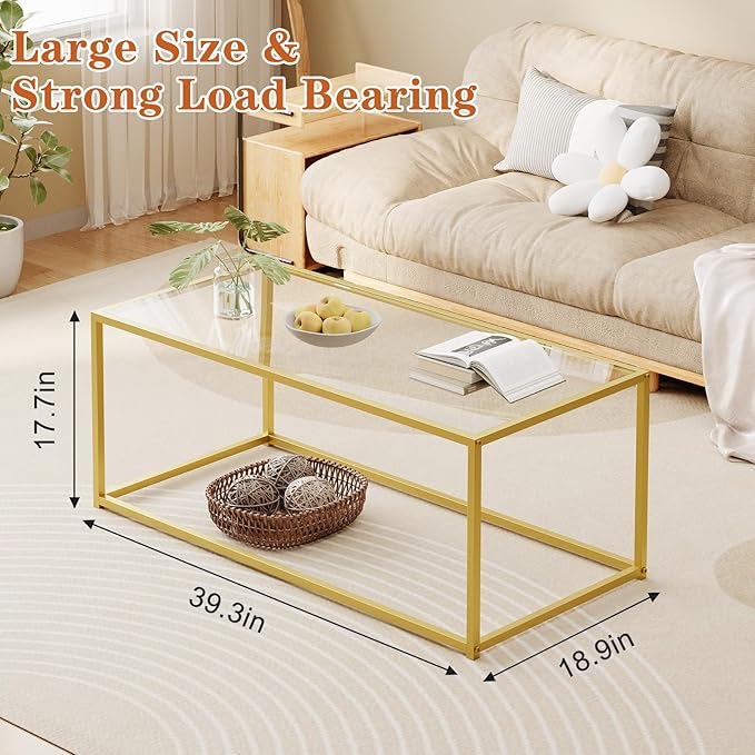 Glass Coffee Table for Living Room, Morden Center Table for Small Space,Simple Tea Cocktail Coffee Table with Clear Glass Top & Metal Frame, Easy Assembly,Gold
