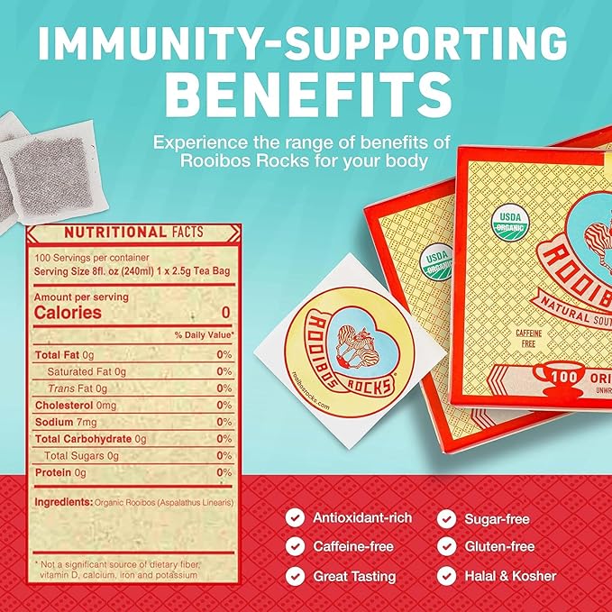 Caffeine Free Tea Organic Rooibos Tea Bags 200 - Naturally Sweet Red Tea Safe for Children & Pregnant Women - Low Tannin, Premium Red Rooibos Tea Organic Sustainably & Ethically Farmed in South Africa