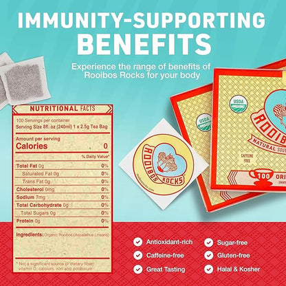 Caffeine Free Tea Organic Rooibos Tea Bags 200 - Naturally Sweet Red Tea Safe for Children & Pregnant Women - Low Tannin, Premium Red Rooibos Tea Organic Sustainably & Ethically Farmed in South Africa