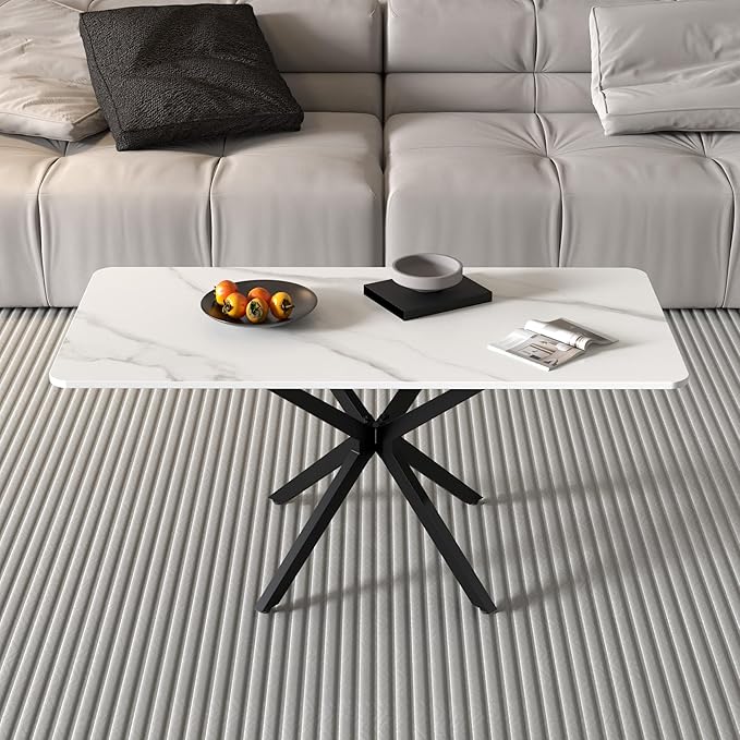 Faux Marble Coffee Table Rectangle Modern 40 Inch Living Room Table with Black Metal Legs Stylish Center Table for Living Room Office