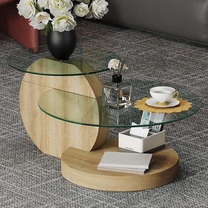 35 Inch Glass Coffee Table，Round Coffee Table with 2-Tier Tempered Glass Tabletop，Easy to Clean Circle Coffee Table with Sturdy Base for Living Room，Office (Natural Wood-Colored Base)