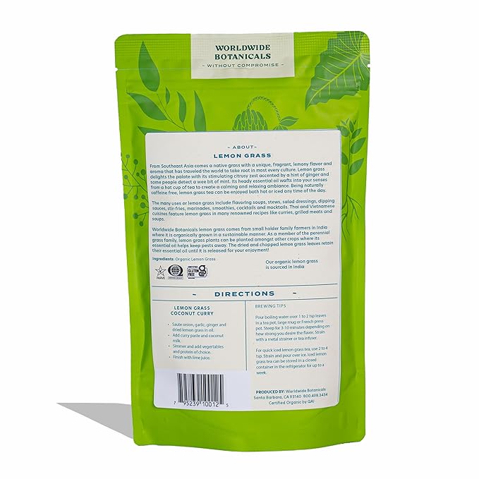 Worldwide Botanicals Organic Lemon Grass Leaves – 7oz - Loose Leaf - Cut and Sifted – 100% pure Cymbopogon citratus - Zacate de limon - Resealable Bag for Freshness - Perfect for Cooking and Tea