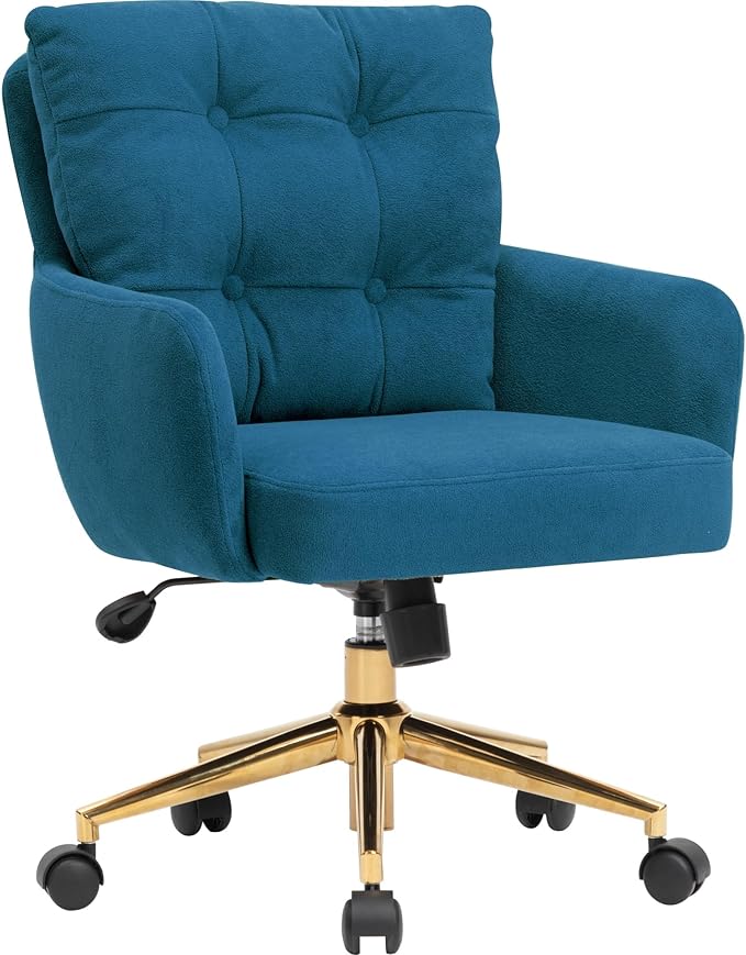 Flannel Office Chair, Comfy Home Office Desk Chairs with Lumbar Support, Modern Velvet Desk Chair Gold Legs Small Swivel Task Chair for Home Office, Bedroom, Study (Blue, L)