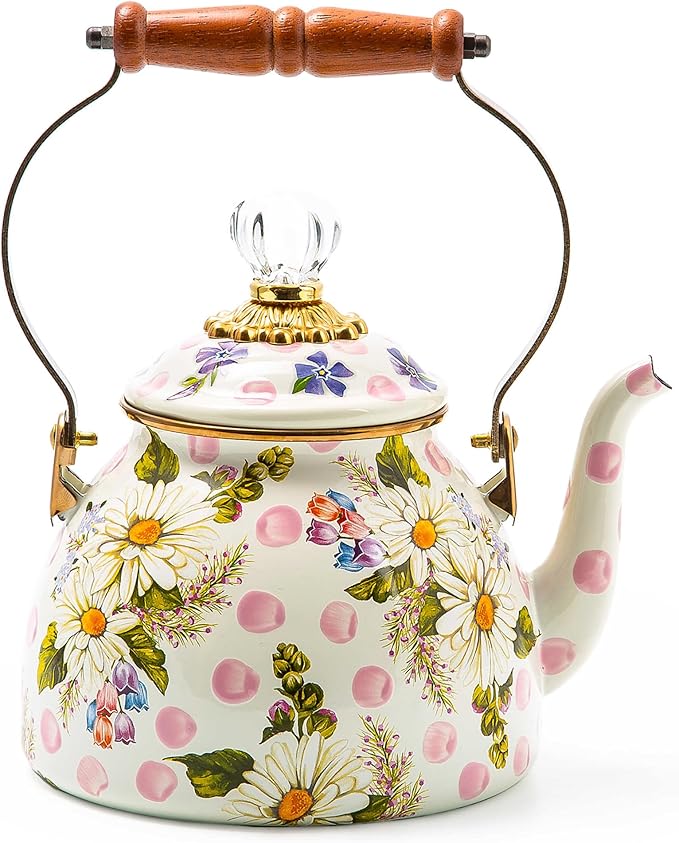 MACKENZIE-CHILDS Enamel Tea Kettle, Cute Kitchen Kettle for Stovetop, 2-Quart Capacity, Pink Wildflowers
