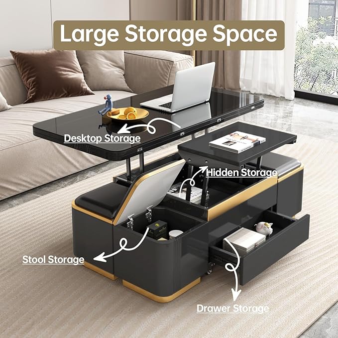 Multifunctional Lift Top Coffee Table, Extendable Coffee Table with 4 Storage Stools, Space Saving Folding Dining Table for Living Room, Office, Small Space