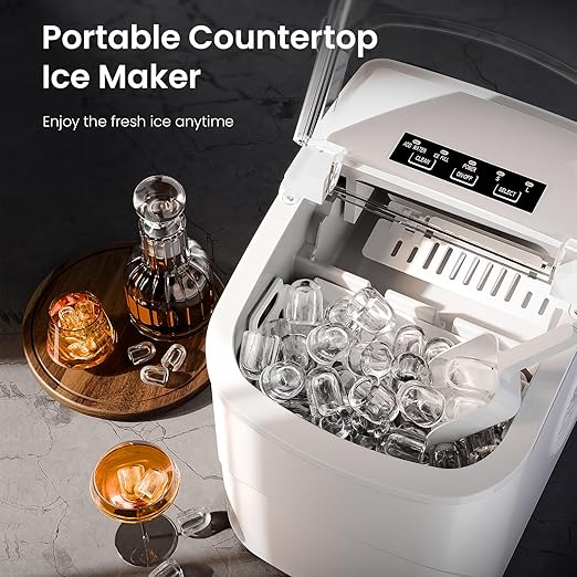 AGLUCKY Ice Makers Countertop with Handle,26.5Lbs/24H,9 Cubes in 6 Mins,2 Sizes of Bullet Ice,Portable Machine with Self-Cleaning,Perfect for Home Kitchen(White)