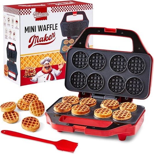 Mini Waffle Maker for Kids, Small Non-Stick Waffle Iron, Makes 8 x 2" Thin Waffles, Easy to Use, Waflera Electrica, Recipes Included