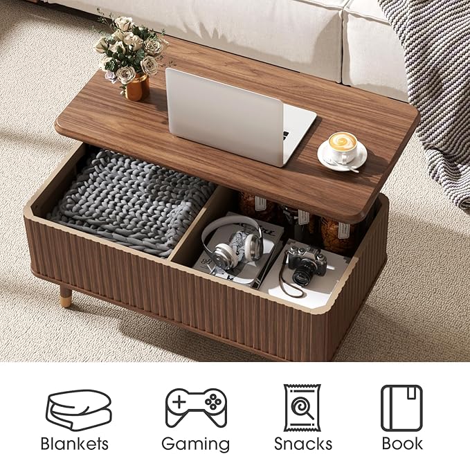 Lift Top Coffee Table with Storage Shelf & Hidden Compartment, Mid Century Modern Fluted Rectangle Dining Table for Living Room, Home Office, Walnut