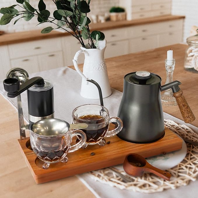 SOTECH Pour Over Coffee Maker Set Chinese Tea Set Wooden Storage Tray Coffee Dripper Glass Server Coffee Scoop DIY Manual Pour Over Kit Black(Portable Natural Jute Bag Set)
