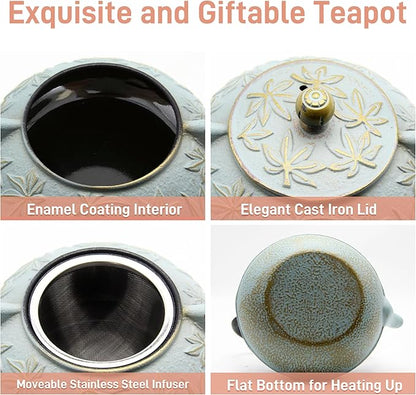 Cast Iron Teapot Tea Kettle with Stainless Steel Infuser for Stovetop Safe Coated with Enameled Interior Japanese Tetsubin with Maple Leaves Pattern(30.4oz/900ml) (Color-5)