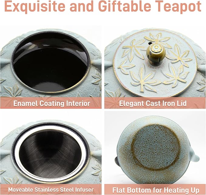 Cast Iron Teapot Tea Kettle with Stainless Steel Infuser for Stovetop Safe Coated with Enameled Interior Japanese Tetsubin with Maple Leaves Pattern(30.4oz/900ml) (Color-5)