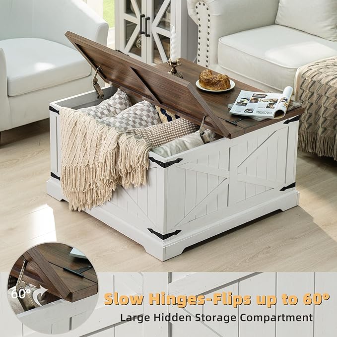 Farmhouse Coffee Table with Large Hidden Storage Compartment, Antique White Square Center Table, Wood Rustic Low Modern Living Room Tables with Hinged Lift Brown Top & Wooden Arc Base