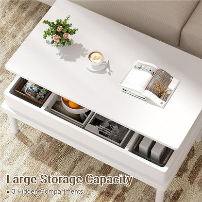 Shintenchi Coffee Table, Lift Top Coffee Table with Hidden Compartment, Rising Tabletop Dining Table, Lift Top Coffee Center Table for for Living Room, Office, Home (White)