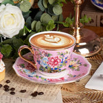 Load image into Gallery viewer, KAMMAK Ceramic Coffee Cups and Saucers Set of 2, Porcelain Espresso Cups with Saucers, 7oz Handcrafted Ceramic Floral Coffee and Tea Cup, Vintage Drinkware for Tea Party, Office, Women Gifts
