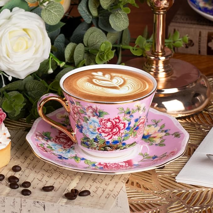 KAMMAK Ceramic Coffee Cups and Saucers Set of 2, Porcelain Espresso Cups with Saucers, 7oz Handcrafted Ceramic Floral Coffee and Tea Cup, Vintage Drinkware for Tea Party, Office, Women Gifts