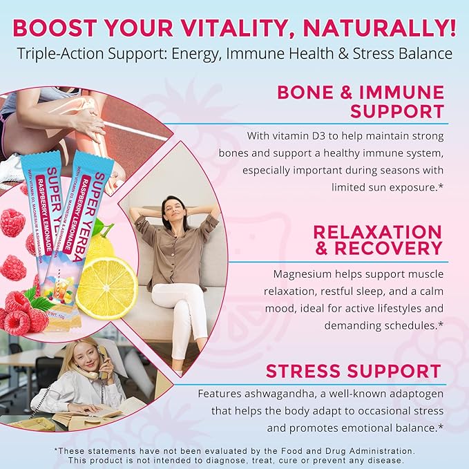 Super Yerba, Yerba Mate Instant Tea Powder, Natural Raspberry Lemonade Flavor, Energy Boost & Focus and Gut Health Support 30 Servings